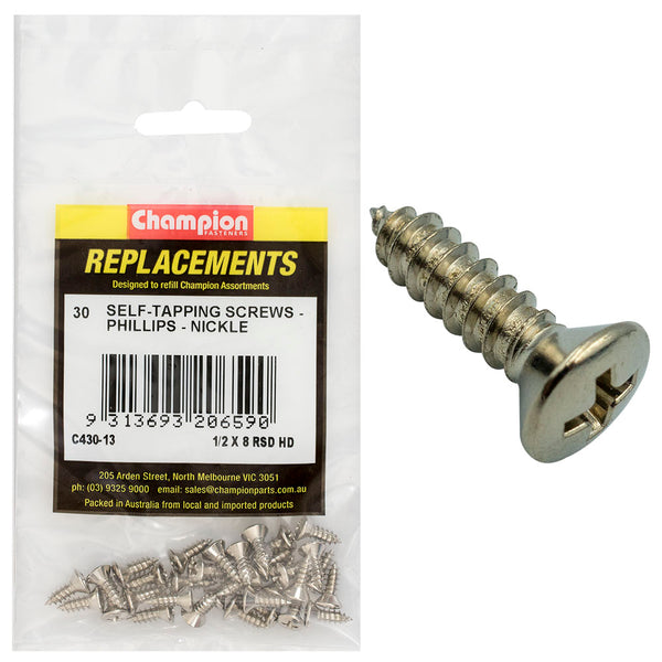 Champion 8G x 1/2in S/Tapping Screw Rsd Hd Phillips -30pk