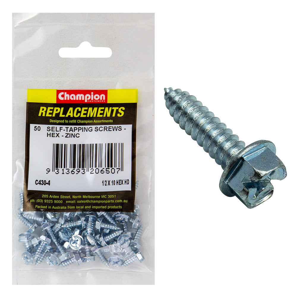 Champion 10G x 1/2in S/Tapping Screw Hex Head Phillips -50pk | ISL