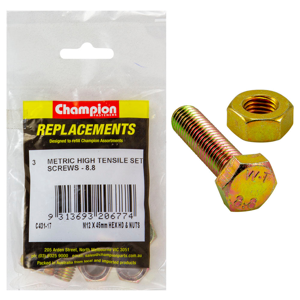 Champion M12 x 45mm x 1.75 Set Screw W/Nut -Gr8.8 -3pk | ISL
