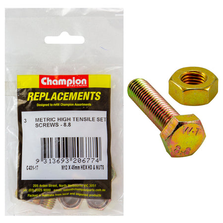 Champion M12 x 45mm x 1.75 Set Screw W/Nut -Gr8.8 -3pk | ISL