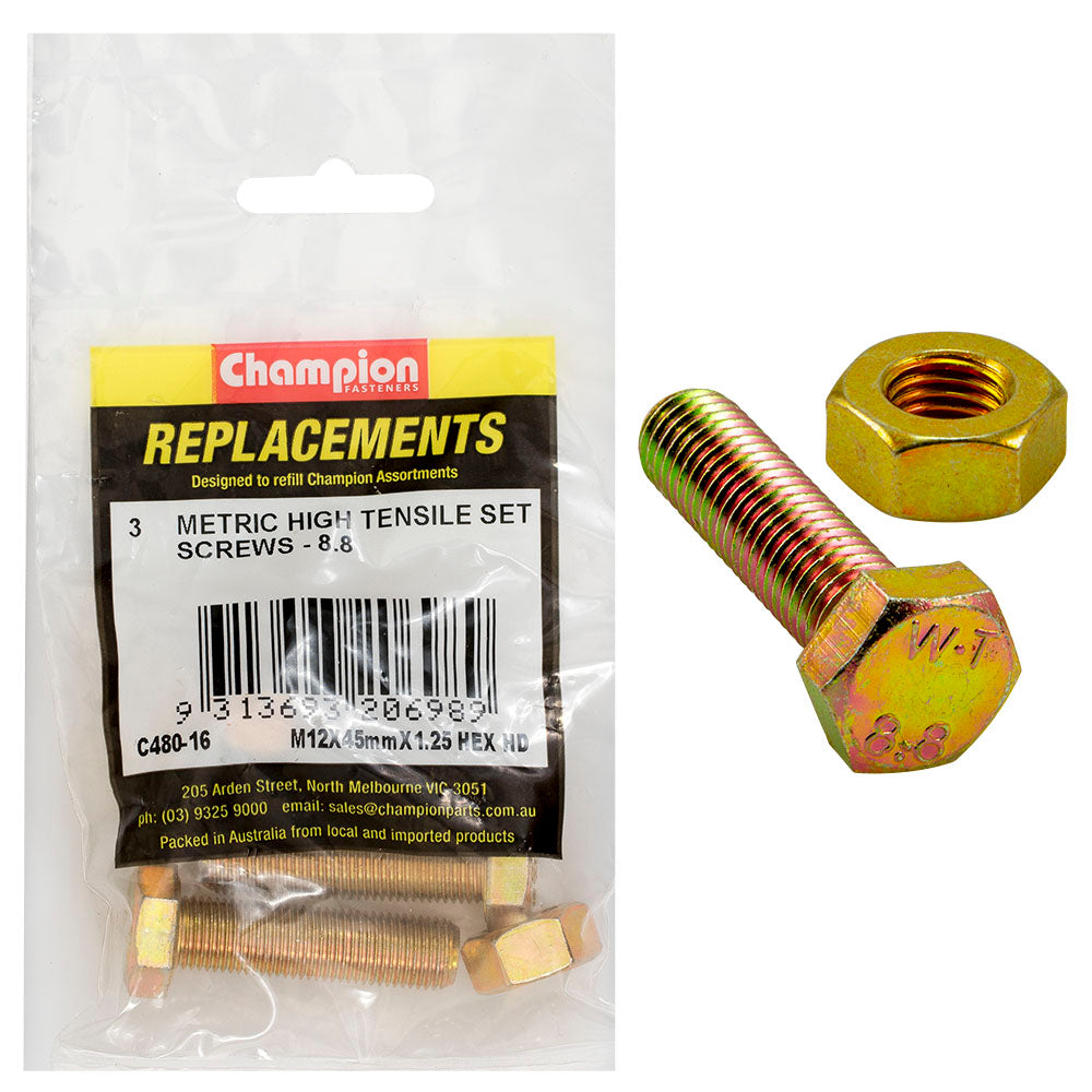 Champion M12 x 45mm x 1.25 Set Screw W/Nut -Gr8.8 -3pk | ISL