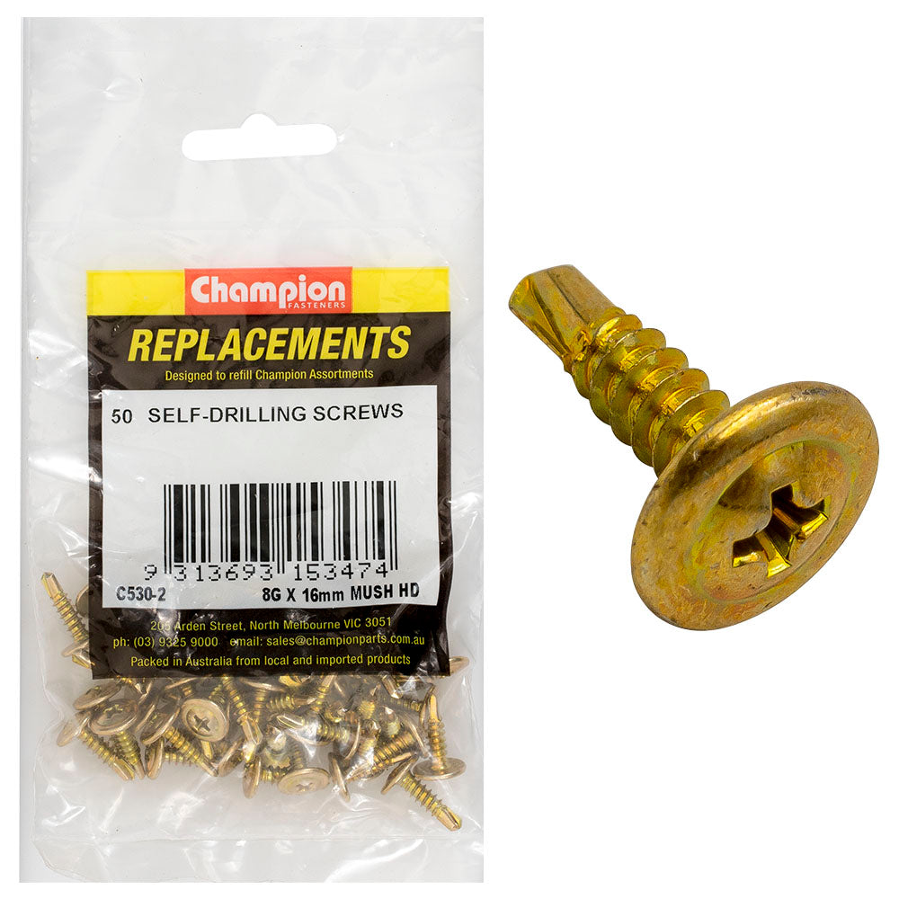 Champion 8G x 16mm Mushroom Head S/Drilling Screw Ph -50pk | ISL