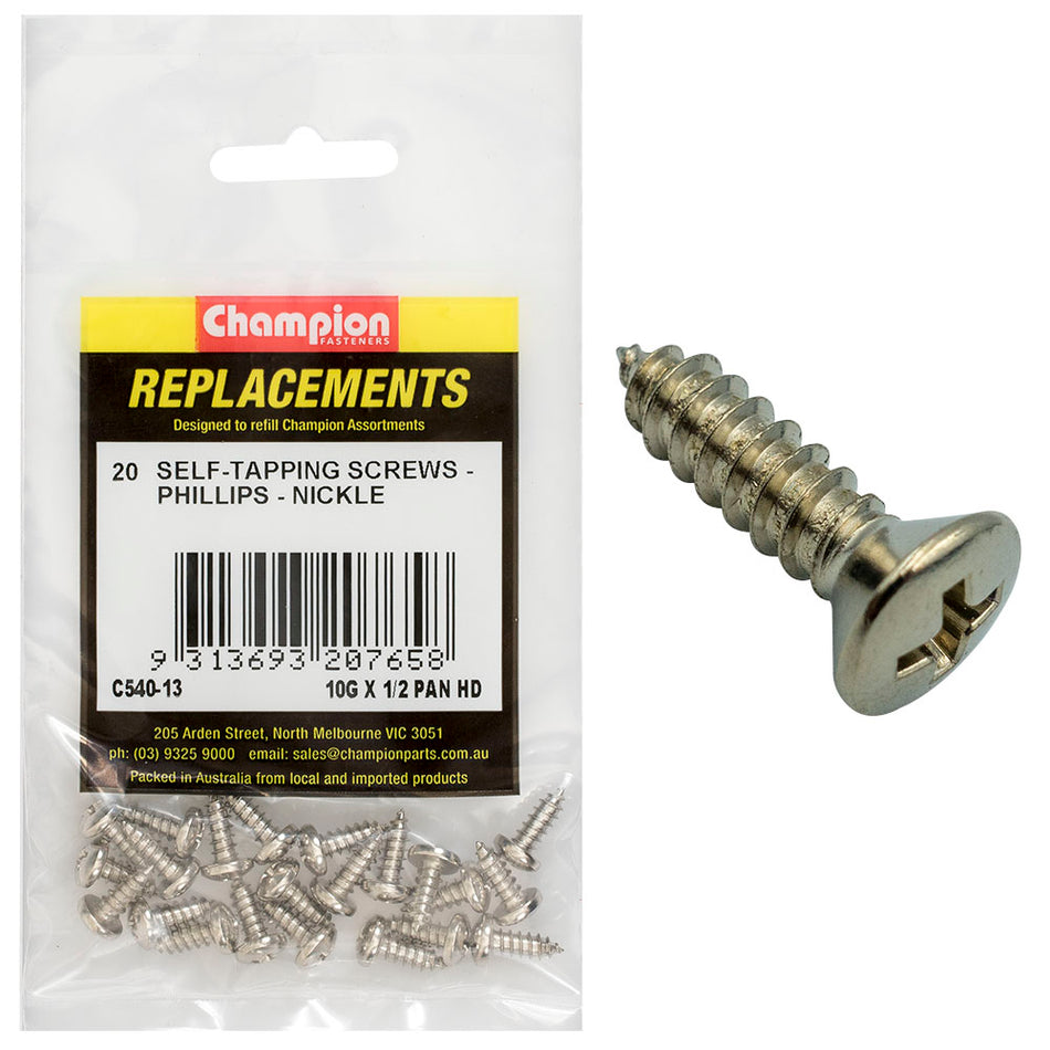 Champion 10G x 1/2in S/Tapping Screw Pan Head Phillips -20pk