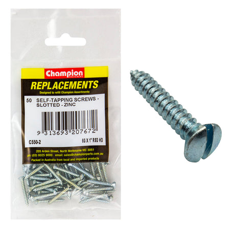 Champion 6G x 1in S/Tapping Screw Raised Head Slotted -50pk | ISL