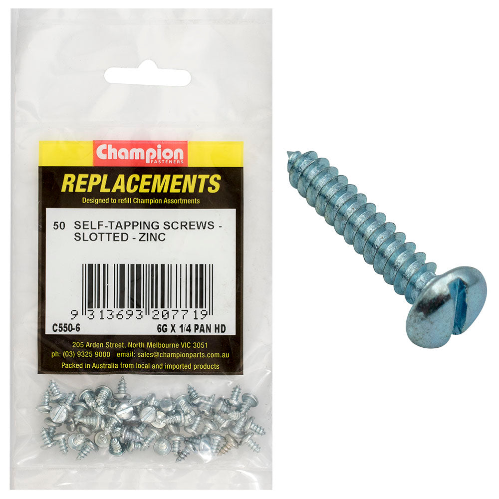 Champion 6G x 1/4in S/Tapping Pan Head Slotted -50pk | ISL