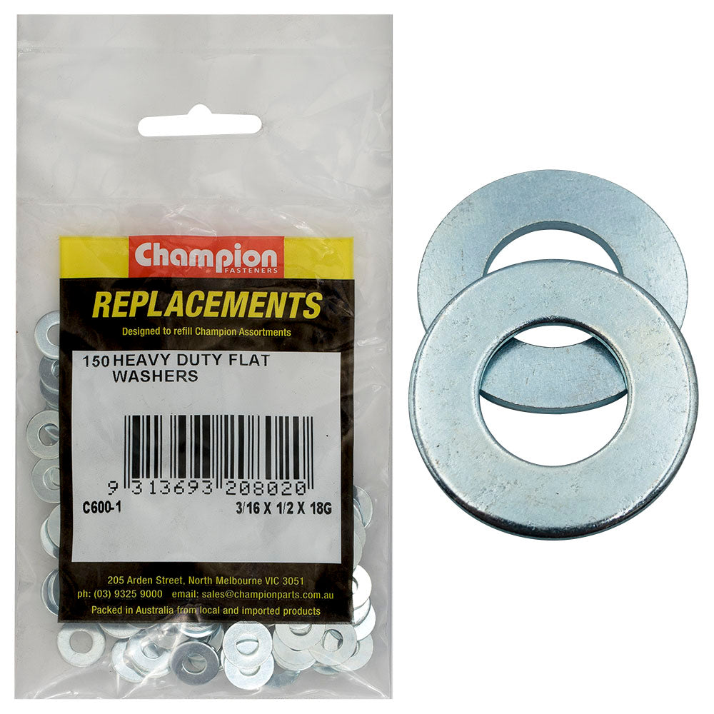 Champion 3/16in x 1/2in x 18G H/Duty Flat Steel Washer-150pk
