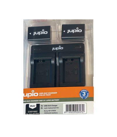 Jupio NP-FW50 dual battery charger kit with two lithium-ion batteries and USB charger cable