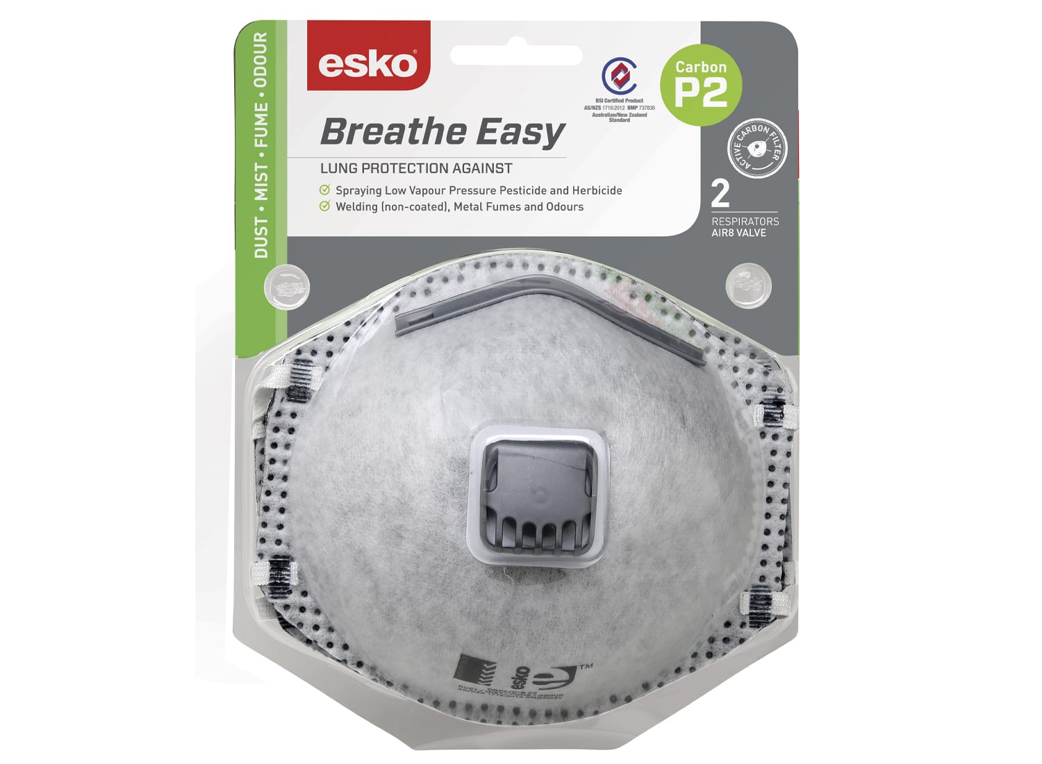 Esko Breathe Easy P2 Valved Mask Carbon Filter 2 Pack
