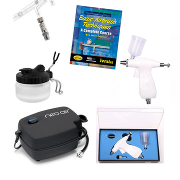 Formula gravity airbrush kit with 0.3 mm nozzle, QR connectors, and cleaning pot