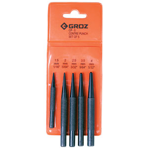 Groz 5-piece centre punch set with punches ranging 1.5 mm to 4.0 mm in vinyl pouch