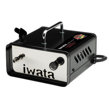 Iwata Ninja Jet airbrush compressor, black compact unit with carrying handle and built-in airbrush holder