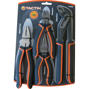 Tactix 4-piece plier set laid out showing combination, longnose, sidecutter, and waterpump pliers
