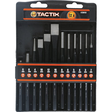 Tactix 12pc chisel and punch set laid out showing centre punches, taper punch, cold chisels and pin punches