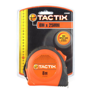 Tactix 8m x 25mm steel tape measure with ABS case and locking switch