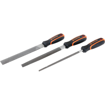 Tactix 3-piece steel file set with flat, round, and half-round files, 200mm length