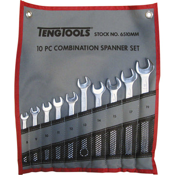 Teng 10-piece combination spanner set 8–19mm with canvas tool roll