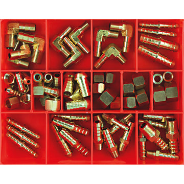 Champion 59pc brass petrol fittings assortment laid out showing nuts, barbs, elbows and joiners