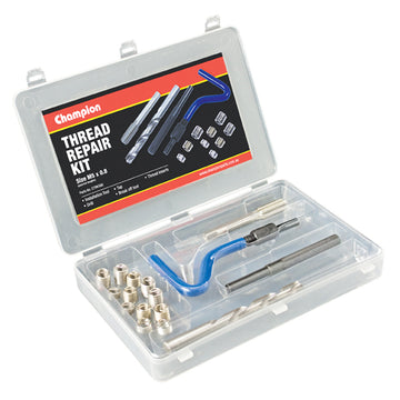 Champion M10 x 1.25 thread repair kit contents: tap, drill bit, installation tool, break-off tool, and stainless steel inserts