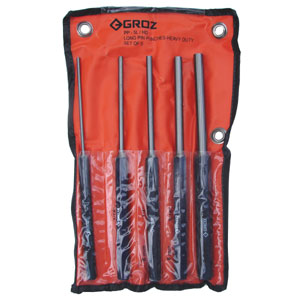 Groz 5-piece extra long pin punch set with vinyl pouch, sizes 3 mm to 10 mm