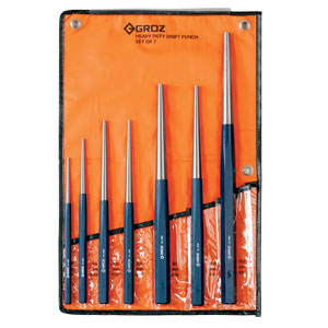 Groz 7-piece drift punch set with vinyl pouch, sizes 3 mm to 9.5 mm