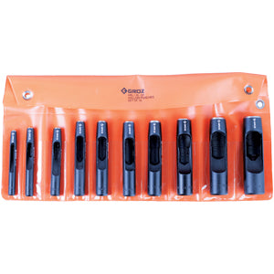 Groz 10-piece hollow punch set with punches ranging 6mm to 25mm in vinyl pouch