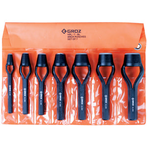 Groz 7-piece bell type arch punch set with vinyl pouch