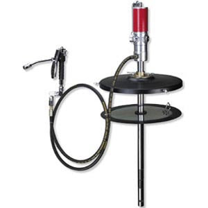 Groz 50:1 air grease pump mounted on 180 kg drum with hose and control valve