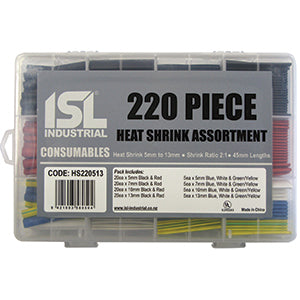 220pc ISL heat shrink assortment 5-13mm x 45mm in black, red, blue, white and green/yellow