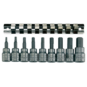 Teng 9-piece 3/8in drive metric hex bit socket set with metal rail and clips