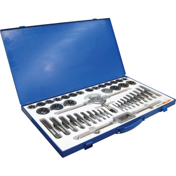 ProEquip 45-piece imperial tap and die set with UNC and UNF sizes, wrenches, and metal carry case