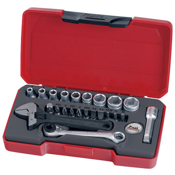 Teng 23-piece 1/4in drive socket and tool set in plastic case with contents displayed