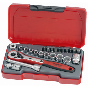Teng 24-piece 1/4in drive metric socket set with ratchet, extension bar, bits and plastic case