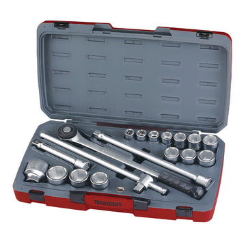Teng 18-piece 3/4 inch drive metric socket set with 6-point sockets, T-handle, extension bars and quick-release ratchet in plastic case