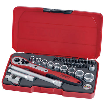 Teng 34-piece 3/8in drive metric socket set with ratchet, extension bars and bits in plastic case