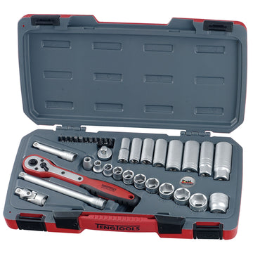 Teng 35-piece 3/8in drive socket set with case open showing sockets, ratchet and accessories