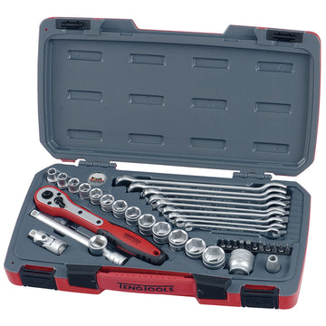 Teng 39-piece 3/8in drive metric socket and spanner set in plastic carrying case
