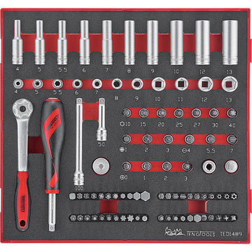 Teng 89-piece 1/4 inch drive socket and accessory set in modular TC-Tray with colour-coded foam