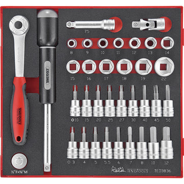 Teng 36-piece 3/8 inch drive socket set in TC-Tray with removable lid
