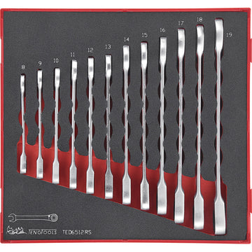 Teng 12-piece ratchet combination spanner set 8–19mm in TC-Tray with removable lid