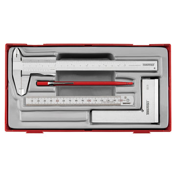 Teng 4-piece measuring tool set in TC tray with vernier caliper, steel rule, combination square and scriber