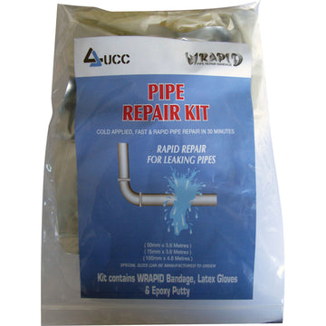 UCC WRAPID pipe repair kit 50mm x 3.6m roll with fibreglass bandage, latex gloves and epoxy putty