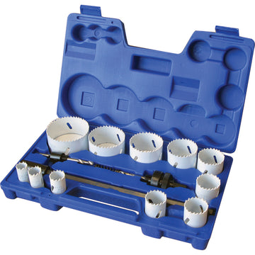 ProEquip 15pc bi-metal hole saw kit with saws 19–76mm, arbors and extension bar