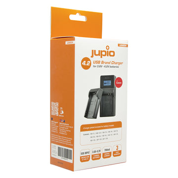 Jupio Canon 3.7V–4.2V USB battery charger with LCD display and interchangeable plates