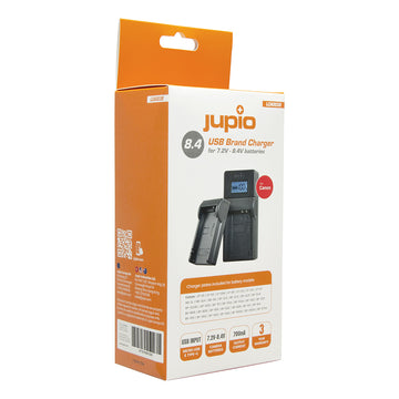Jupio Canon 7.4V–8.4V USB battery charger with LCD display and interchangeable plates