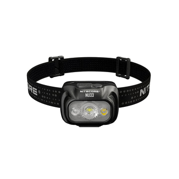 Nitecore NU33 headlamp front view showing LED lens and aluminium housing