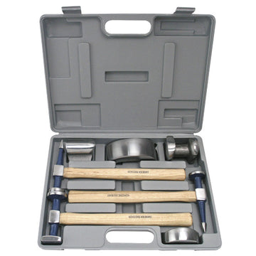 AmPro 7-piece panel beating kit with curved dolly, utility dolly, hand dolly, shrinking dolly, and three hammers in blow-mold case