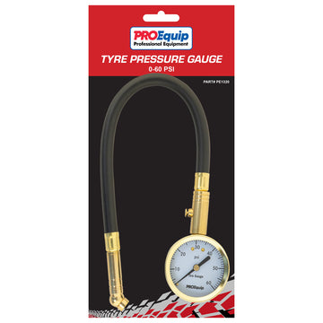 ProEquip tyre pressure gauge 0–60 PSI with 300mm flex hose and swivel chuck