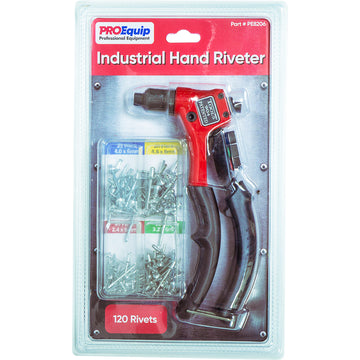 ProEquip industrial hand riveter with ergonomic handle and toolless jaw change
