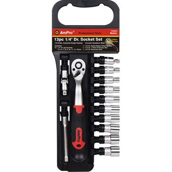 AmPro Socket Set 1/4"Dr 4 -13mm 6pt 13pc (Open Rack Type) | Hobeca