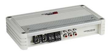 Cerwin Vega Stroker Marine 4-channel 700W amplifier, white, top view showing controls